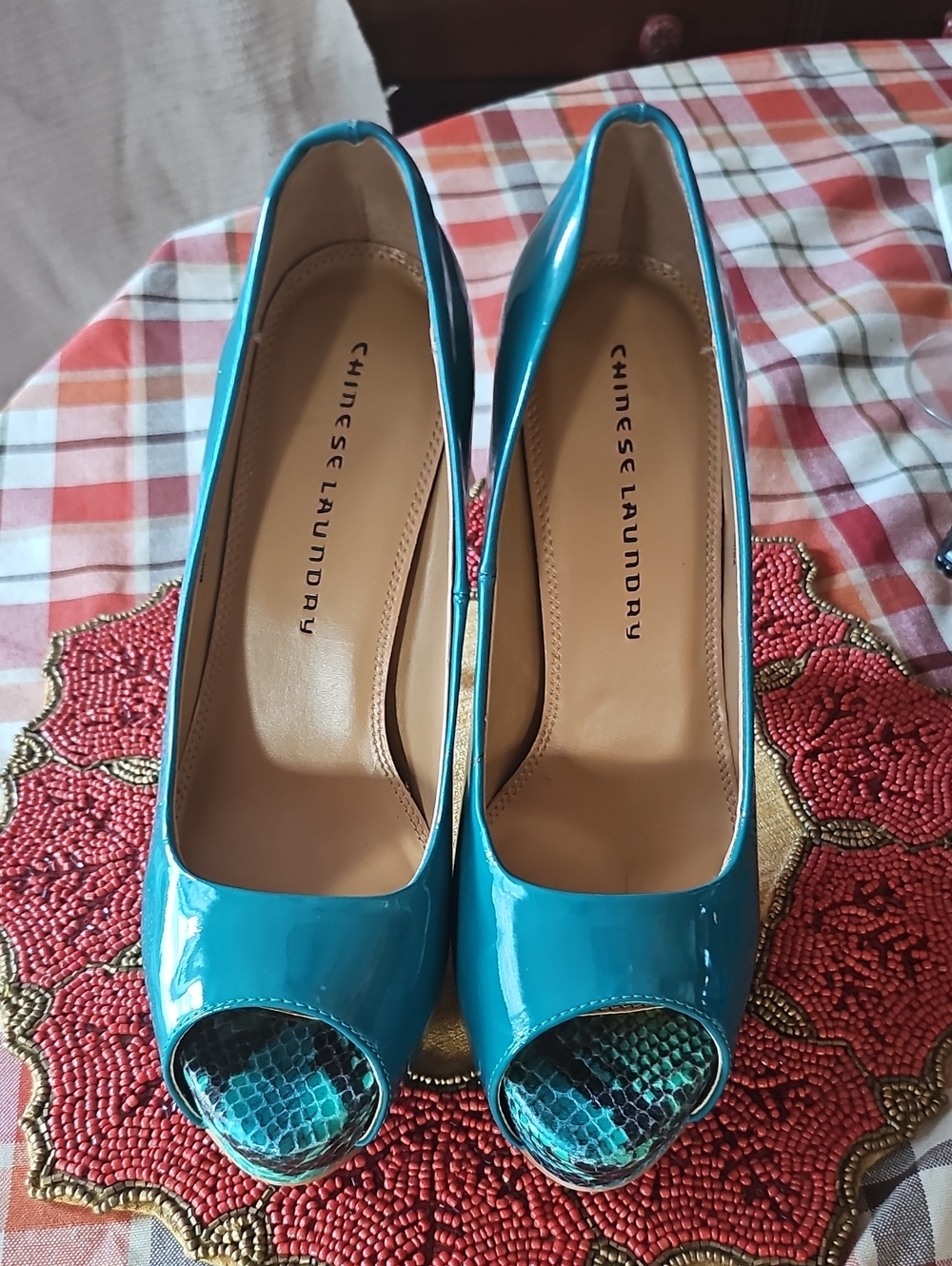 Chinese Laundry Teal Patent Peep Toe Heels with Snakeskin Accent